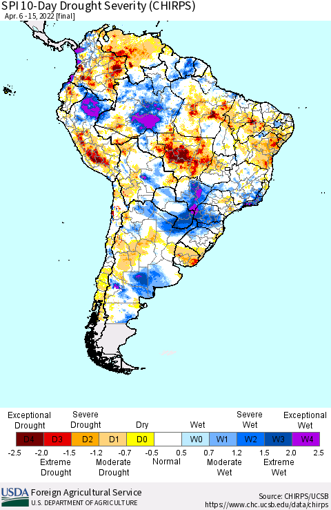 South America SPI 10-Day Drought Severity (CHIRPS) Thematic Map For 4/6/2022 - 4/15/2022