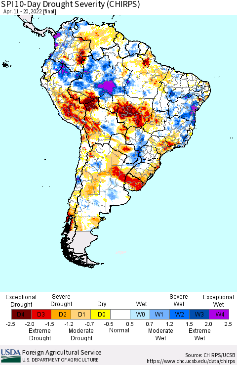 South America SPI 10-Day Drought Severity (CHIRPS) Thematic Map For 4/11/2022 - 4/20/2022