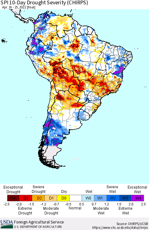 South America SPI 10-Day Drought Severity (CHIRPS) Thematic Map For 4/16/2022 - 4/25/2022