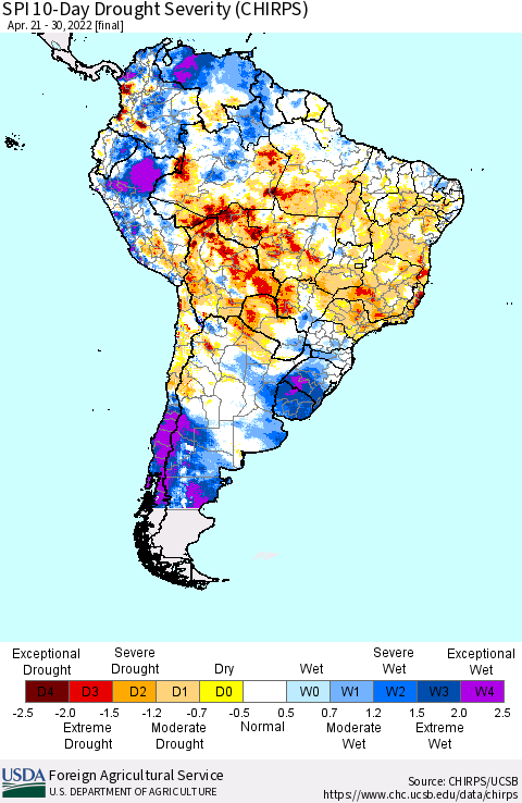 South America SPI 10-Day Drought Severity (CHIRPS) Thematic Map For 4/21/2022 - 4/30/2022