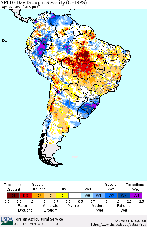 South America SPI 10-Day Drought Severity (CHIRPS) Thematic Map For 4/26/2022 - 5/5/2022