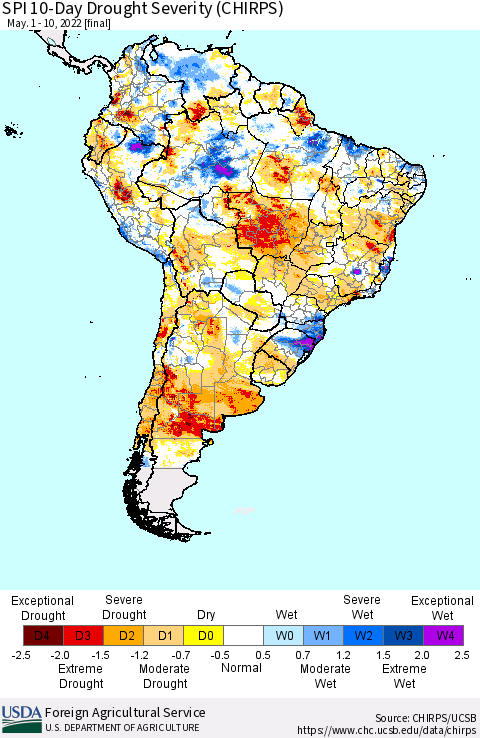 South America SPI 10-Day Drought Severity (CHIRPS) Thematic Map For 5/1/2022 - 5/10/2022