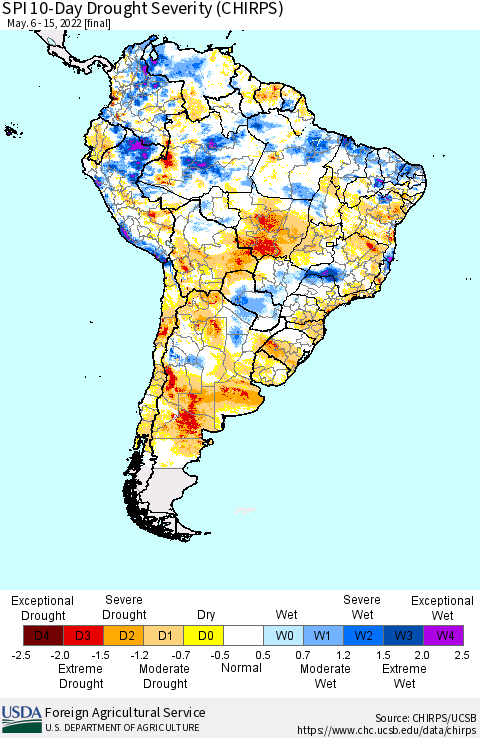 South America SPI 10-Day Drought Severity (CHIRPS) Thematic Map For 5/6/2022 - 5/15/2022