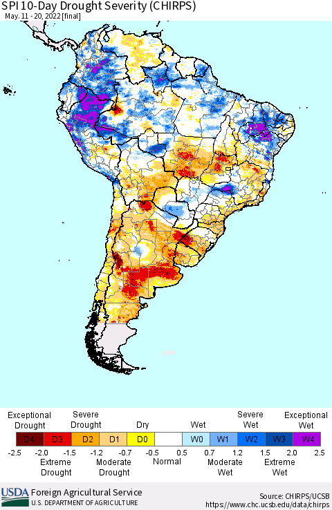 South America SPI 10-Day Drought Severity (CHIRPS) Thematic Map For 5/11/2022 - 5/20/2022