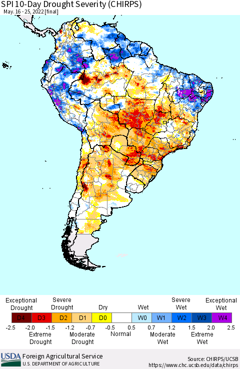 South America SPI 10-Day Drought Severity (CHIRPS) Thematic Map For 5/16/2022 - 5/25/2022