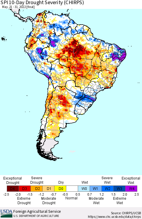 South America SPI 10-Day Drought Severity (CHIRPS) Thematic Map For 5/21/2022 - 5/31/2022