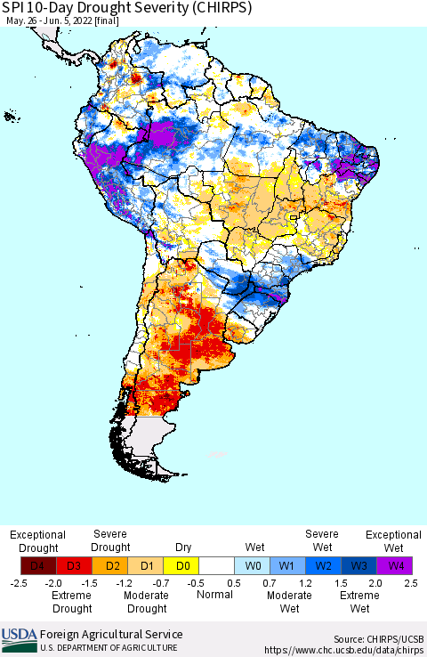 South America SPI 10-Day Drought Severity (CHIRPS) Thematic Map For 5/26/2022 - 6/5/2022