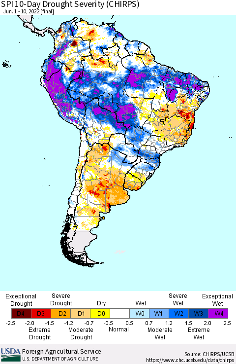 South America SPI 10-Day Drought Severity (CHIRPS) Thematic Map For 6/1/2022 - 6/10/2022