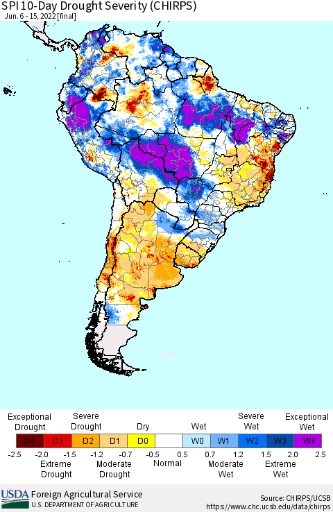 South America SPI 10-Day Drought Severity (CHIRPS) Thematic Map For 6/6/2022 - 6/15/2022