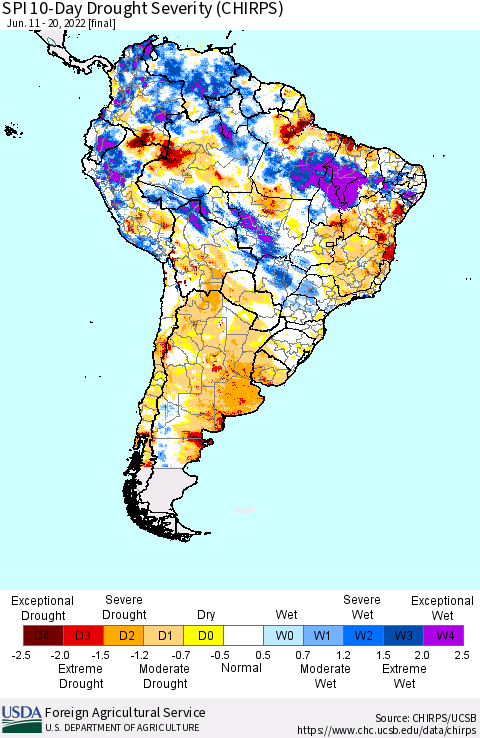 South America SPI 10-Day Drought Severity (CHIRPS) Thematic Map For 6/11/2022 - 6/20/2022