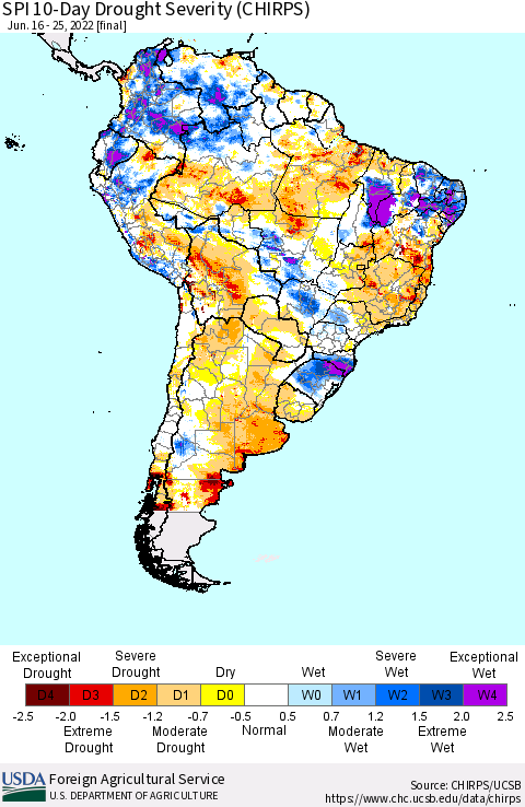 South America SPI 10-Day Drought Severity (CHIRPS) Thematic Map For 6/16/2022 - 6/25/2022