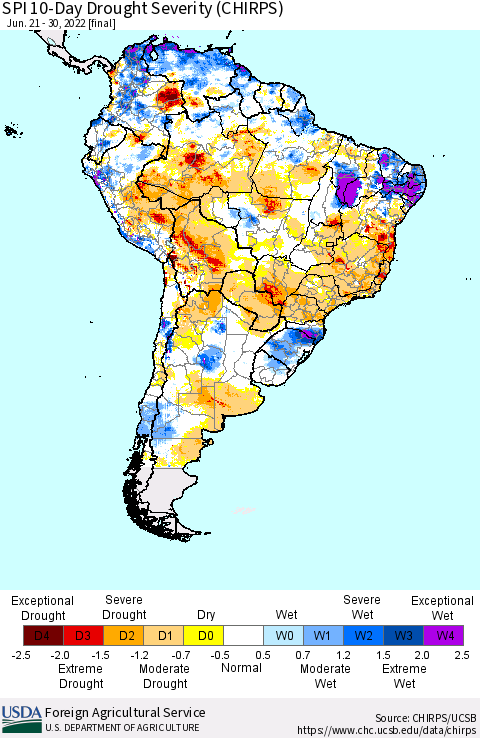 South America SPI 10-Day Drought Severity (CHIRPS) Thematic Map For 6/21/2022 - 6/30/2022