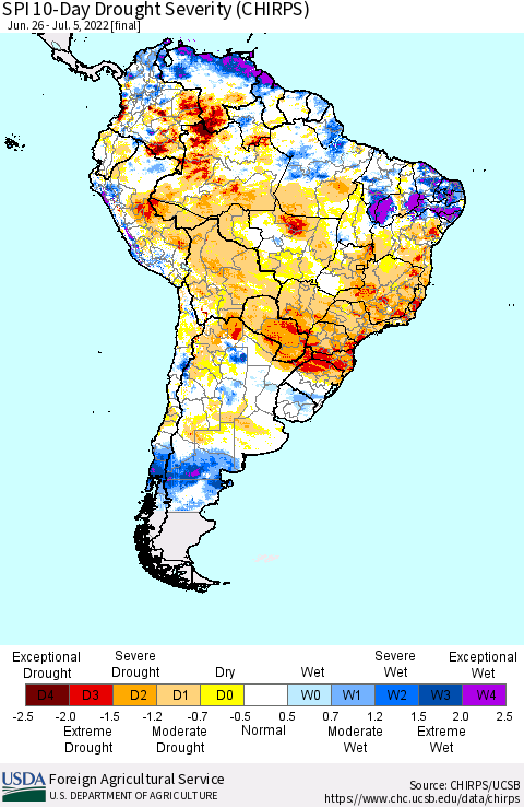 South America SPI 10-Day Drought Severity (CHIRPS) Thematic Map For 6/26/2022 - 7/5/2022