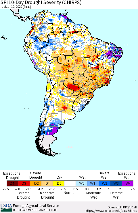 South America SPI 10-Day Drought Severity (CHIRPS) Thematic Map For 7/1/2022 - 7/10/2022