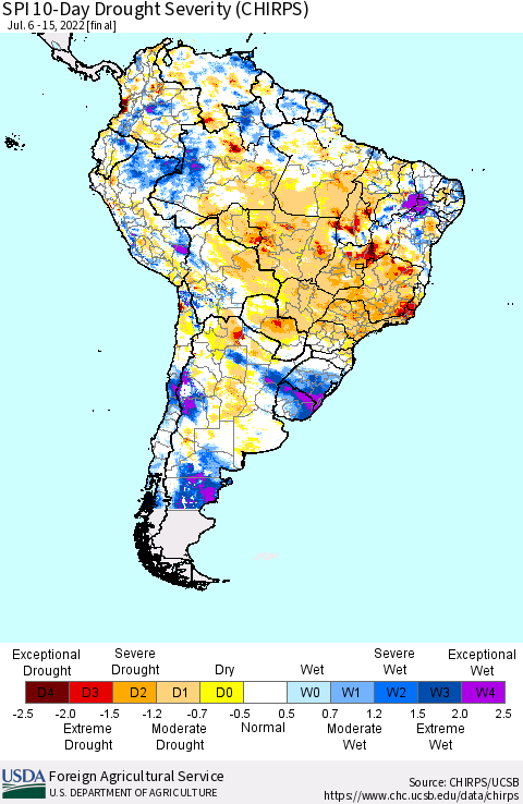 South America SPI 10-Day Drought Severity (CHIRPS) Thematic Map For 7/6/2022 - 7/15/2022