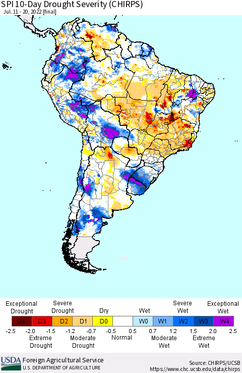 South America SPI 10-Day Drought Severity (CHIRPS) Thematic Map For 7/11/2022 - 7/20/2022