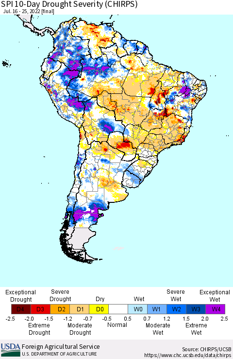 South America SPI 10-Day Drought Severity (CHIRPS) Thematic Map For 7/16/2022 - 7/25/2022