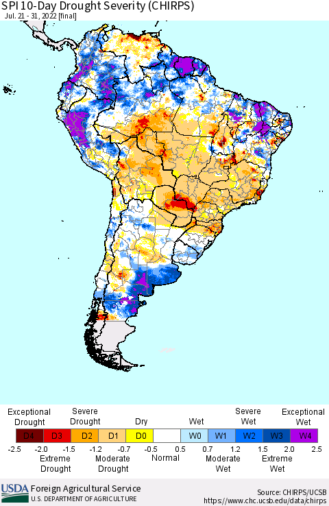 South America SPI 10-Day Drought Severity (CHIRPS) Thematic Map For 7/21/2022 - 7/31/2022