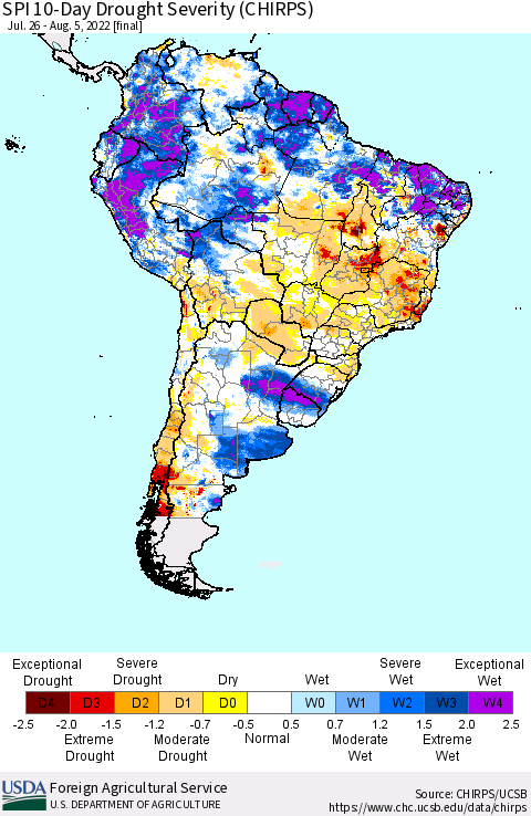 South America SPI 10-Day Drought Severity (CHIRPS) Thematic Map For 7/26/2022 - 8/5/2022