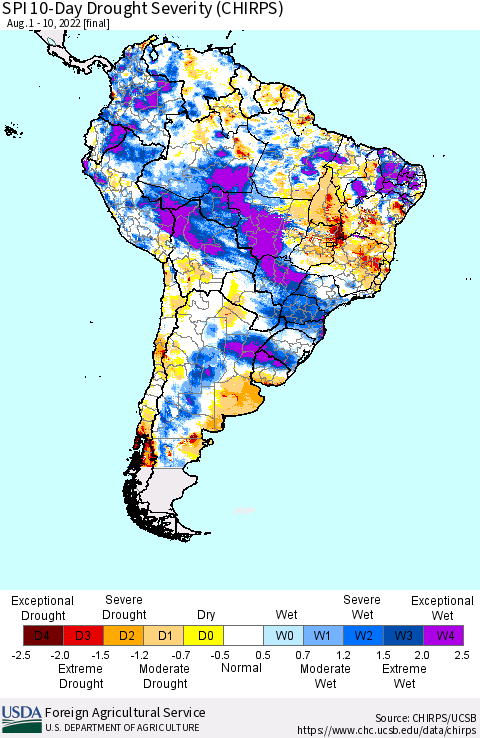 South America SPI 10-Day Drought Severity (CHIRPS) Thematic Map For 8/1/2022 - 8/10/2022