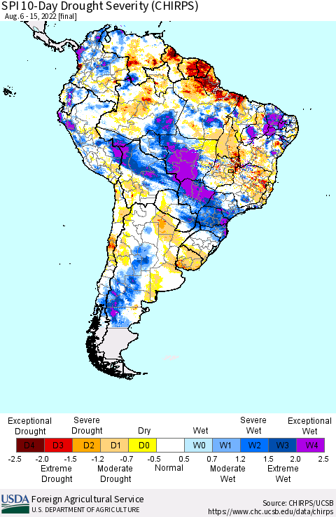 South America SPI 10-Day Drought Severity (CHIRPS) Thematic Map For 8/6/2022 - 8/15/2022
