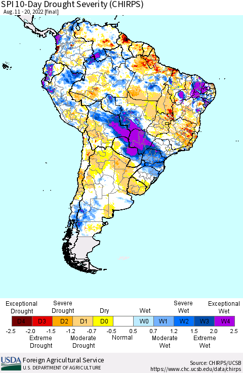 South America SPI 10-Day Drought Severity (CHIRPS) Thematic Map For 8/11/2022 - 8/20/2022