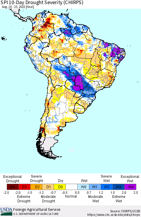 South America SPI 10-Day Drought Severity (CHIRPS) Thematic Map For 8/16/2022 - 8/25/2022