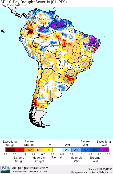South America SPI 10-Day Drought Severity (CHIRPS) Thematic Map For 8/21/2022 - 8/31/2022