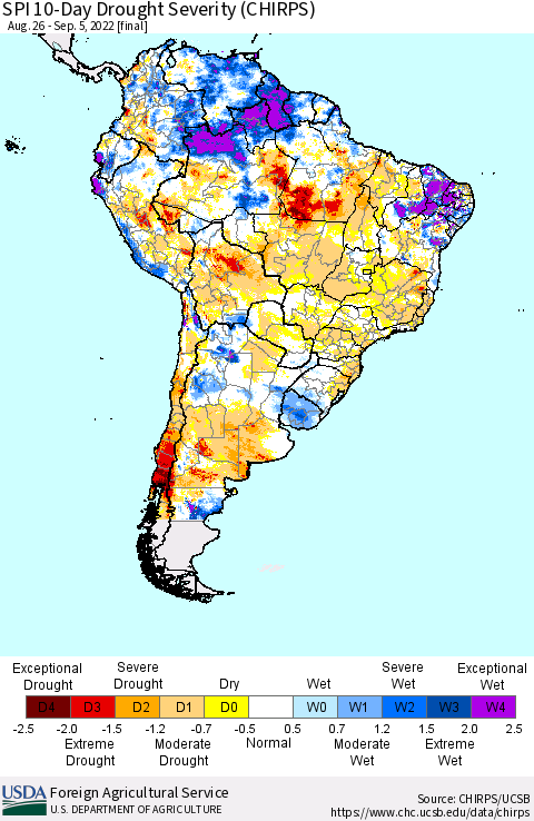 South America SPI 10-Day Drought Severity (CHIRPS) Thematic Map For 8/26/2022 - 9/5/2022