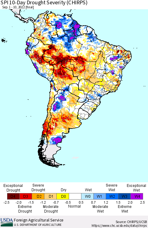 South America SPI 10-Day Drought Severity (CHIRPS) Thematic Map For 9/1/2022 - 9/10/2022