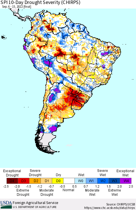 South America SPI 10-Day Drought Severity (CHIRPS) Thematic Map For 9/6/2022 - 9/15/2022