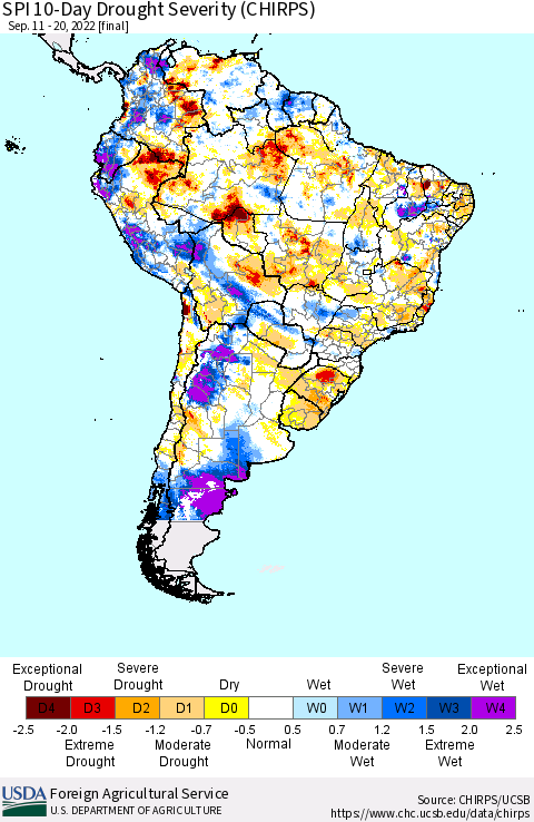 South America SPI 10-Day Drought Severity (CHIRPS) Thematic Map For 9/11/2022 - 9/20/2022