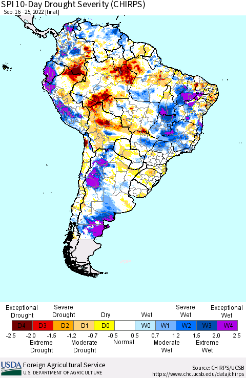 South America SPI 10-Day Drought Severity (CHIRPS) Thematic Map For 9/16/2022 - 9/25/2022
