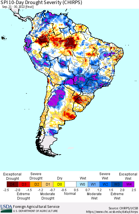 South America SPI 10-Day Drought Severity (CHIRPS) Thematic Map For 9/21/2022 - 9/30/2022