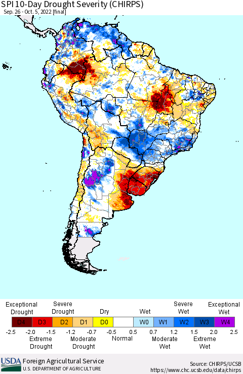 South America SPI 10-Day Drought Severity (CHIRPS) Thematic Map For 9/26/2022 - 10/5/2022