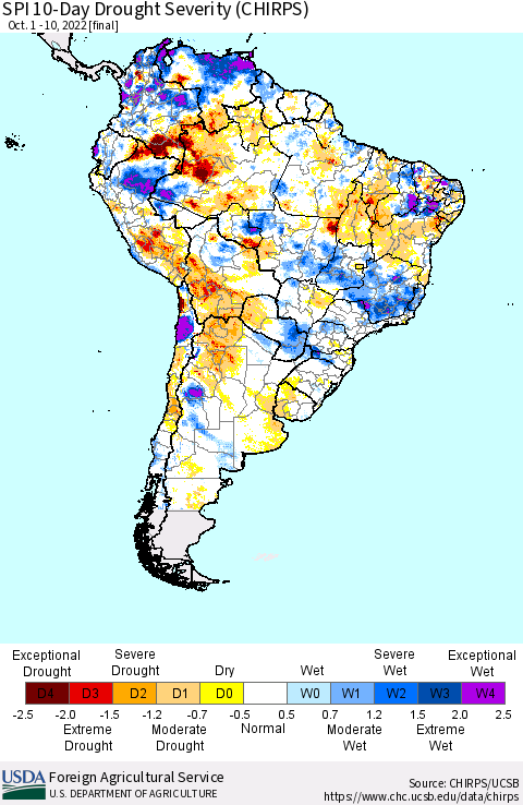 South America SPI 10-Day Drought Severity (CHIRPS) Thematic Map For 10/1/2022 - 10/10/2022