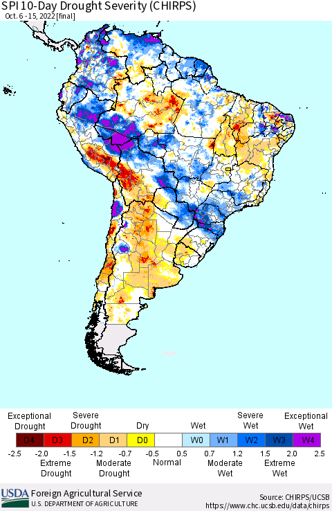 South America SPI 10-Day Drought Severity (CHIRPS) Thematic Map For 10/6/2022 - 10/15/2022