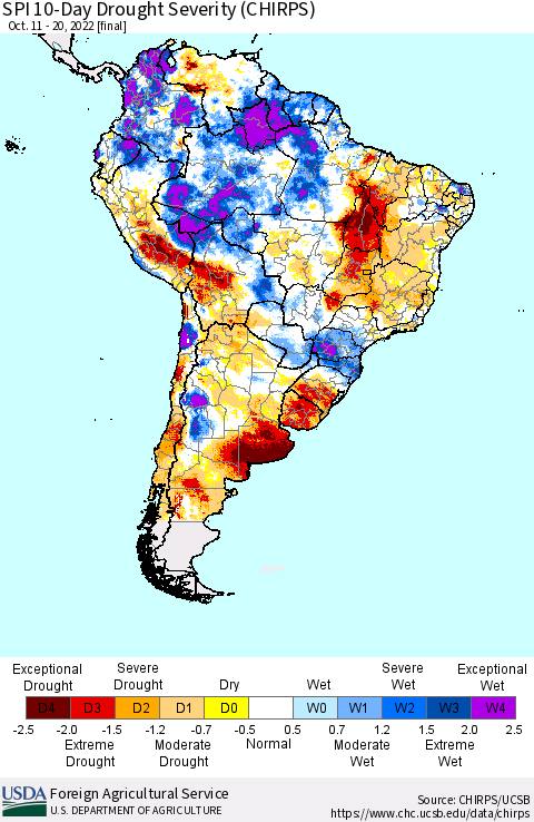 South America SPI 10-Day Drought Severity (CHIRPS) Thematic Map For 10/11/2022 - 10/20/2022