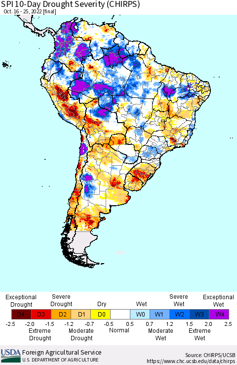 South America SPI 10-Day Drought Severity (CHIRPS) Thematic Map For 10/16/2022 - 10/25/2022