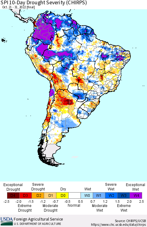 South America SPI 10-Day Drought Severity (CHIRPS) Thematic Map For 10/21/2022 - 10/31/2022