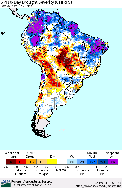 South America SPI 10-Day Drought Severity (CHIRPS) Thematic Map For 10/26/2022 - 11/5/2022