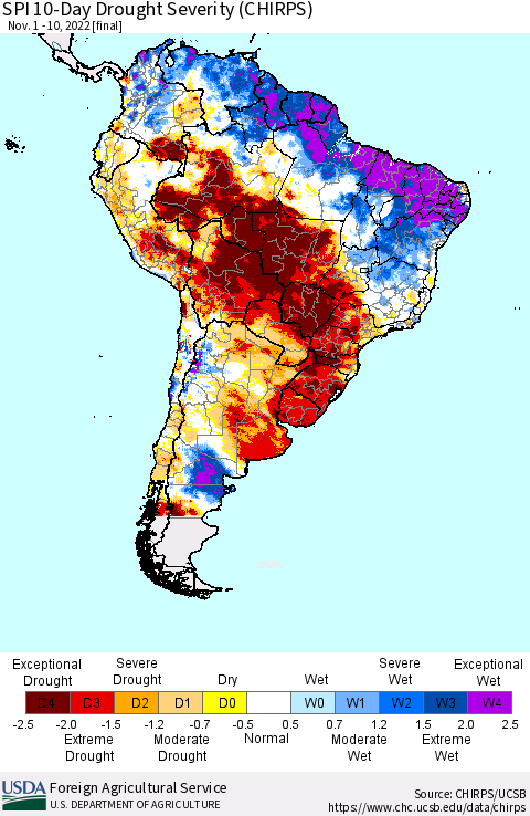 South America SPI 10-Day Drought Severity (CHIRPS) Thematic Map For 11/1/2022 - 11/10/2022
