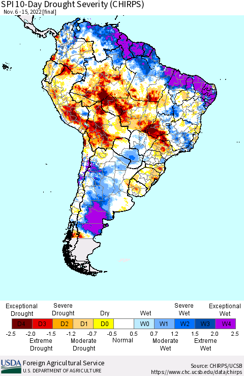 South America SPI 10-Day Drought Severity (CHIRPS) Thematic Map For 11/6/2022 - 11/15/2022