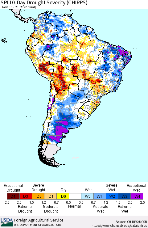 South America SPI 10-Day Drought Severity (CHIRPS) Thematic Map For 11/11/2022 - 11/20/2022