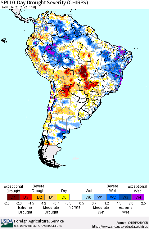 South America SPI 10-Day Drought Severity (CHIRPS) Thematic Map For 11/16/2022 - 11/25/2022