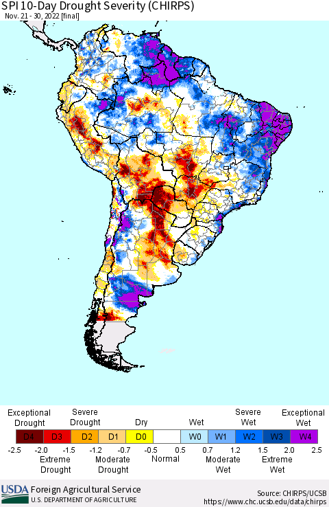 South America SPI 10-Day Drought Severity (CHIRPS) Thematic Map For 11/21/2022 - 11/30/2022