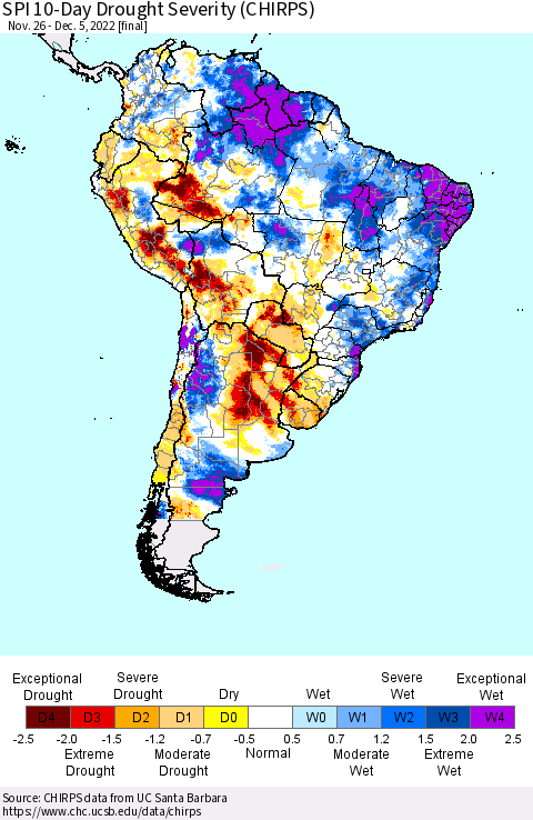 South America SPI 10-Day Drought Severity (CHIRPS) Thematic Map For 11/26/2022 - 12/5/2022