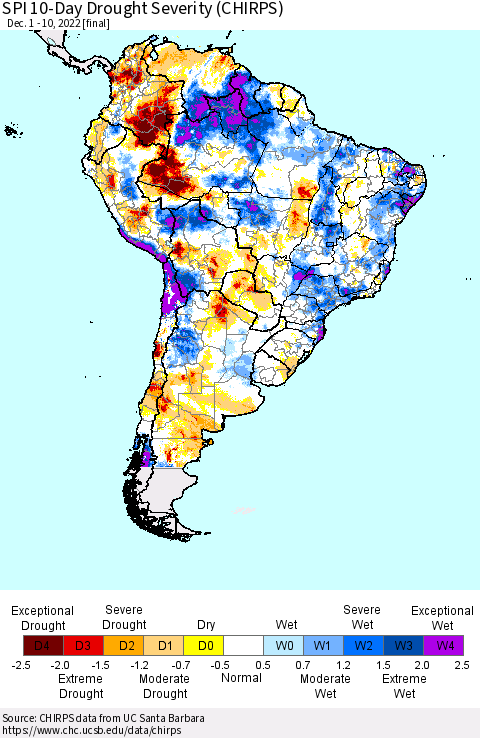 South America SPI 10-Day Drought Severity (CHIRPS) Thematic Map For 12/1/2022 - 12/10/2022