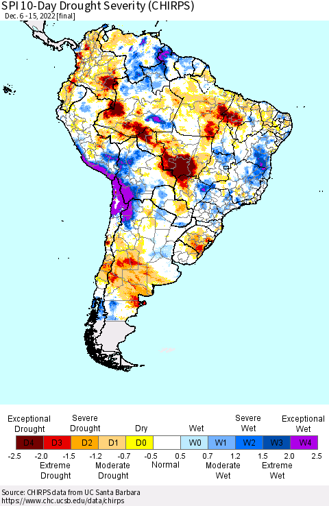 South America SPI 10-Day Drought Severity (CHIRPS) Thematic Map For 12/6/2022 - 12/15/2022