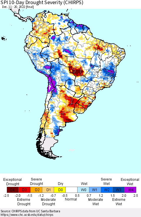 South America SPI 10-Day Drought Severity (CHIRPS) Thematic Map For 12/11/2022 - 12/20/2022